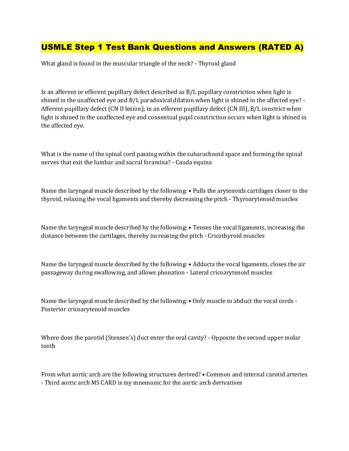 Preview image for USMLE Step 1 Test Bank Questions and Answers (RATED A)